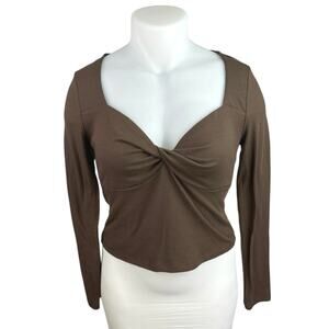 Mango MNG Brown Rib Knit Long Sleeve Ruched Knot Pullover Crop Sweater Top Sz XL